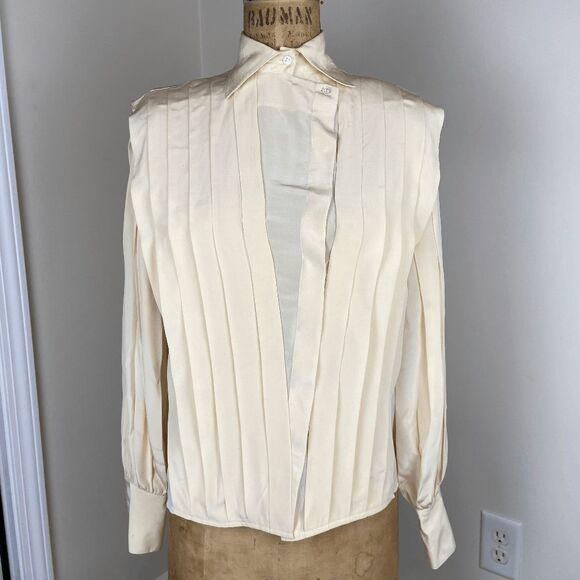 Victorian Ivory Silk Blouse Bishop Sleeves & V-Pleat Detail, XS/S - Picture 1 of 12